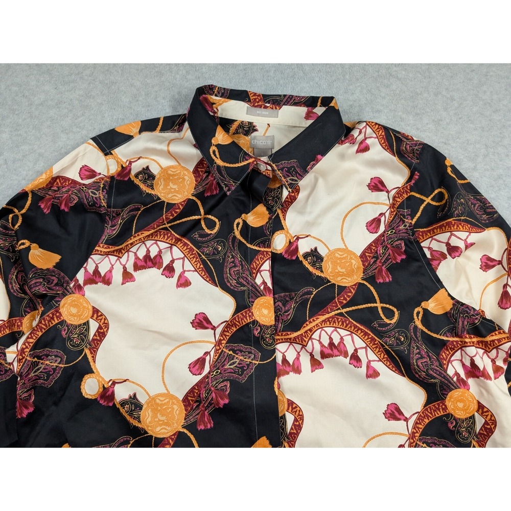 Chicos Women Top Size 4/20 NWT No Iron Tassle Gold Chain Print Button Up Long Sl - Picture 2 of 14